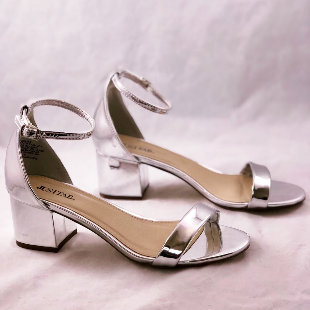 Silver JustFab Ankle Strap Block Heels